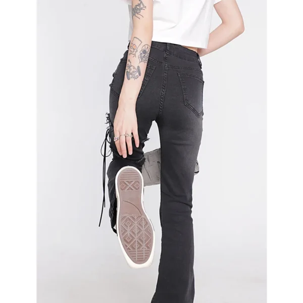 Women's Clothing Flare Jeans Black Lacing High Waist Stretchy Self Cultivation Vintage Casual Baggy Ladies Denim Trouser Summer 6