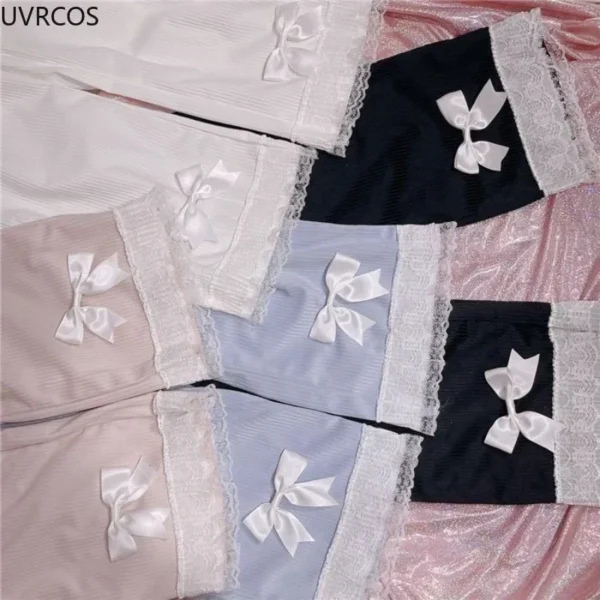 Pink Japanese Sweet Lolita Womens Kawaii High Waist Corduroy Pants Bow Lace Wide Leg Pants Y2k Clothes Casual Loose Cute Trouser 6