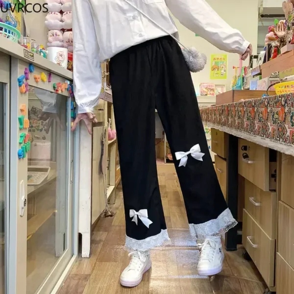 Pink Japanese Sweet Lolita Womens Kawaii High Waist Corduroy Pants Bow Lace Wide Leg Pants Y2k Clothes Casual Loose Cute Trouser 3