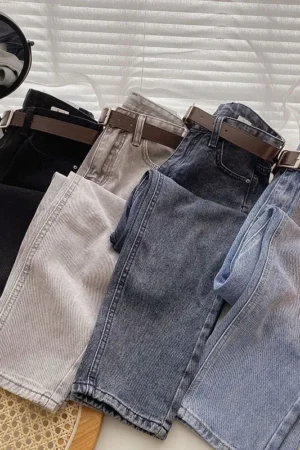 ZHISILAO Straight Jeans Women with Belt Vintage Basic Blue Ankle-length Denim Pants Boyfriend Gray Jeans Korean 2021 2