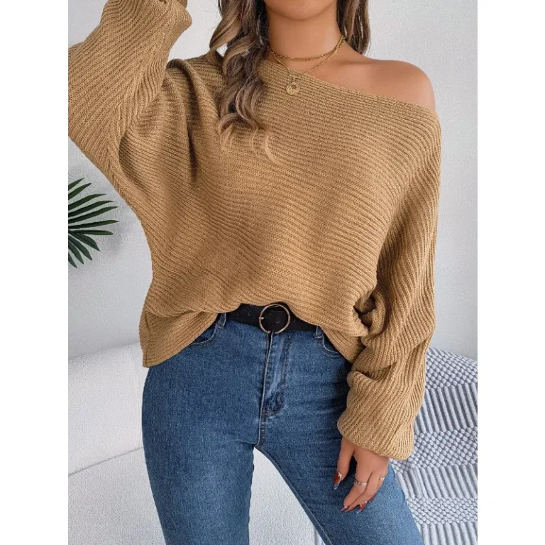 2023 Autumn and Winter Sweater Women's Solid Color Bat Sleeve Off Shoulder Pullover Sweater Women's Casual Fashion Top 4