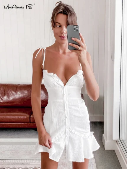 Mnealways18 Cotton White Spaghetti Strap Sexy Bodycon Dress Women Breasted Mini Sundress Summer Lace-Up Ladies Corset Dress 2024 2