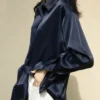 Autumn Fashion Button Up Satin Shirt Vintage Blouse Women White Lady Long Sleeves Female Loose Street Shirts 11355 3