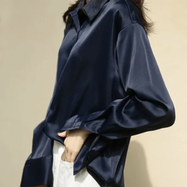 Autumn Fashion Button Up Satin Shirt Vintage Blouse Women White Lady Long Sleeves Female Loose Street Shirts 11355 3