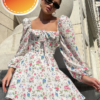 Floral Lantern Sleeve Tie up Mini Dress