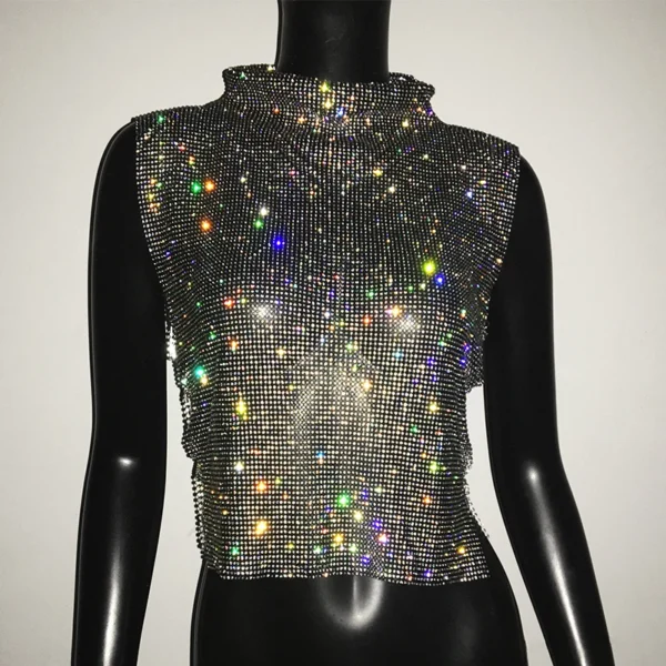 Sexy Rhinestone Backless Party Crop Top Women Glitter Turtleneck TShirt Adjustable Metal Chain Summer Nightculb Diamond Tank Top 5