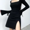 Elegant Women Slit Mini Dress High Street Flare Sleeve Bodycon Square Collar Short Dresses Date Night Outfits Fashion 2
