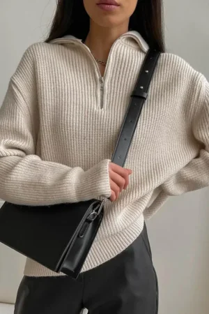 Women's Turtleneck Zippers Fashion Women Sweaters Solid Green Blue Pullover Long Sleeve Casual Knitted Sweater Woman Winter 2024