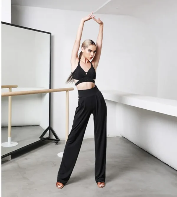 New Latin Dance Pants Women High Waist Wide Leg Black/Leopard Latin Practice Trousers Cha Cha Ballroom Dance Clothes Rumba Pants 2
