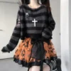 Karrram Pink Striped Gothic Sweaters Women Ripped Holes Loose Knitted Pullover Frayed Fairy Grunge Jumpers Emo Streetwear Lolita 3