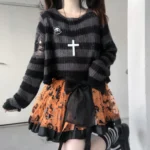 Karrram Pink Striped Gothic Sweaters Women Ripped Holes Loose Knitted Pullover Frayed Fairy Grunge Jumpers Emo Streetwear Lolita 3
