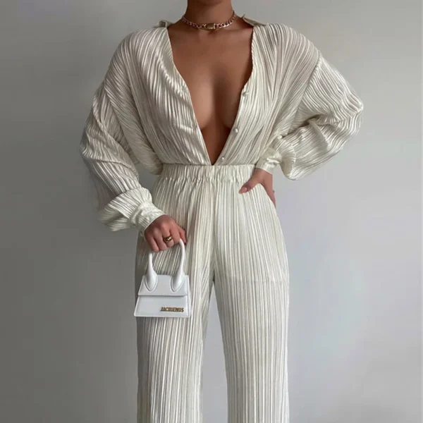 Elegant Women's Sets Clothing Spring Summer Long Sleeve Turn Down Collar Button Shirts Office Lady Pleated 2 Pieces Pants Sets 1