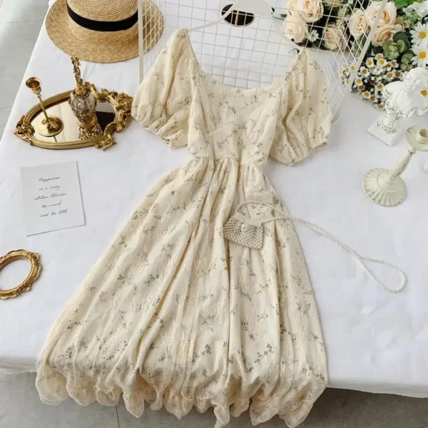 Summer Fairy Dress Women French Style Vintage Retro Chiffon Dress Puff Sleeve Casual Elegant Floral Print Dress Women 2024 New 2