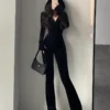 TVVOVVIN  Fashion Black Velvet Slim Hooded Zipper Long Sleeve Flare Pants Jumpsuit Rompers Korean Sexy Hot Tops 2023 9P64 3
