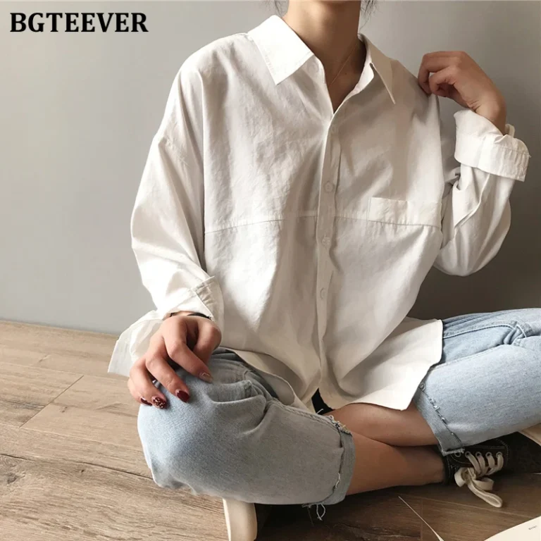 BGTEEVER Minimalist Loose White Shirts for Women Turn-down Collar Solid Female Shirts Tops 2020 Spring Summer Blouses 1