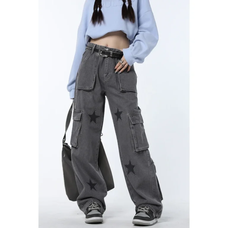 Vintage Grey High Waist Women Jeans Straight Baggy Denim Pants Stars American Fashion Streetwear Wide Leg Jean Female Trouser 1