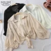 New 2024 Summer Half Sleeve Buttoned Up Shirt Loose Casual Blouse Chiffon Shirts Women Tied Waist Elegant Blouses for Women