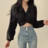 QWEEK Vintage Streetwear Harajuku Sexy Women Blouse Crop Top Korean Style Trends Black White Long Sleeve Shirt Female Tunic Chic 5