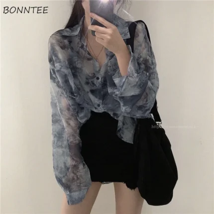 Shirts Women Fashion Tie Dye Harajuku Gothic Top New Korean Loose Casual Clothes Sun-proof Embroidery All-match Summer Holiday 1