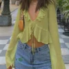 ALLNeon Vintage 90s Streetwear Ruffles Trim Green Chiffon T-shirts Y2K Fashion Sexy Deep V Lace Up Long Sleeve Tops Transparent
