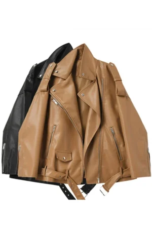 FTLZZ Spring Autumn Faux Leather Jackets Women Loose Casual Coat Female Drop-shoulder Motorcycles Locomotive Outwear With Belt 1
