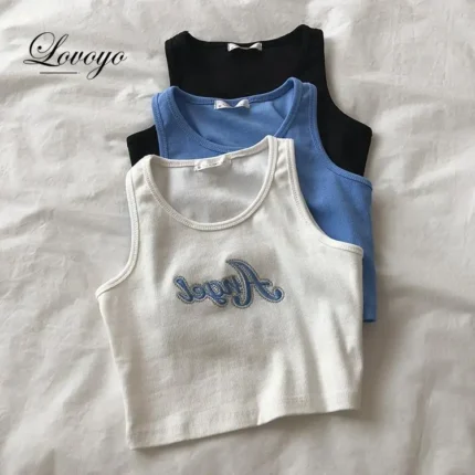 Embroidered Letters High Waist Crop Top Women Breathable Camisole Ribbed Solid Color Streetwear Y2K Gyaru Clothing Tank Top