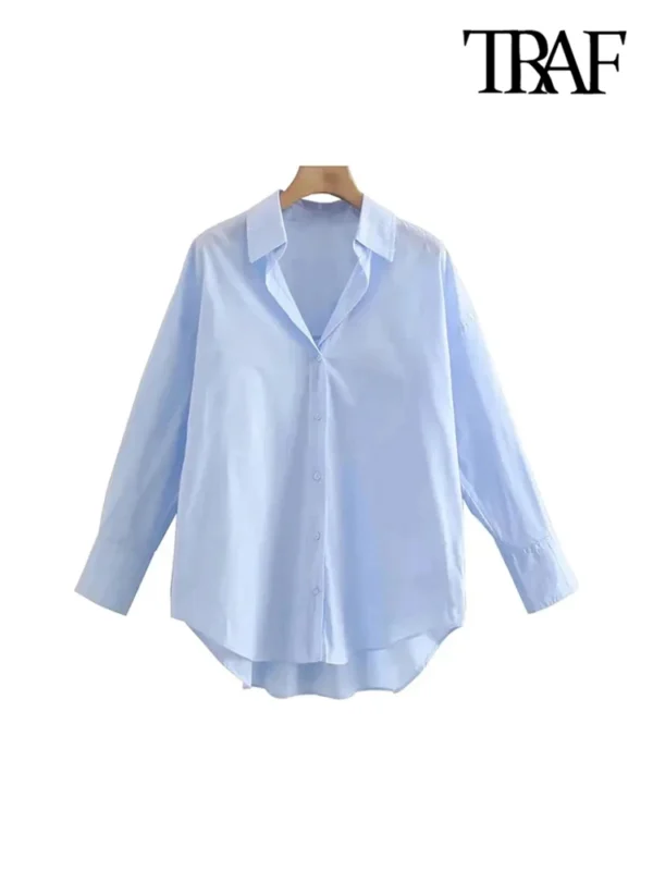 TRAF Women Fashion Office Wear Loose Poplin Solid Shirts Vintage Long Sleeve Button-up Casual Female Blouses Blusas Chic Tops 3