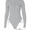 Shestyle Solid Zipper Bodycon Bodysuits Women Sexy Mock Neck Autumn Long Sleeve Fashion Slim Basic Body Winter Gray Outfits Lady 6