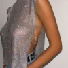 Sexy Rhinestone Backless Party Crop Top Women Glitter Turtleneck TShirt Adjustable Metal Chain Summer Nightculb Diamond Tank Top