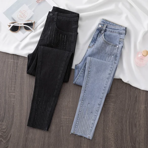 Vertical Lines Rhinestones Jeans Woman High Waist Pencil Pants Mujer Ankle Length Denim Fashion Stripe Jeans Woman Autumn