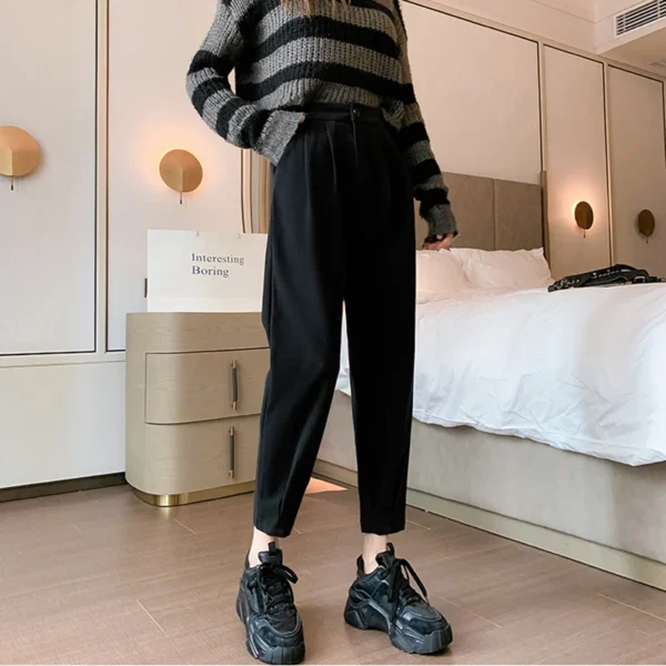 Autumn Winter Woolen Women's Pants Casual Streetwear Loose Elastic High Waist Harem Pants Femme Thin Legs Black Brown Trousers 5