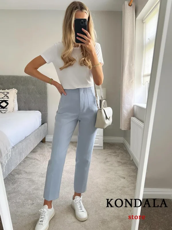 TRAFZA Women Light Blue Chic Fashion Office Wear Straight Pants Vintage High Waist Zipper Fly Female Trousers Fashion 2024 2