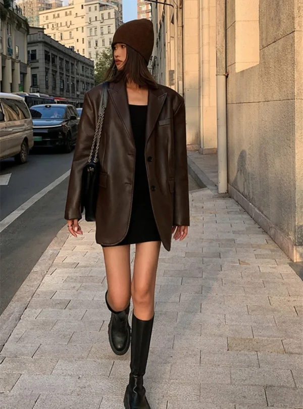 Women Black Brown Soft PU Leather Blazer Shoulder Pads Long Sleeve Single Breasted Loose Casual Jacket Tops Korean Fashion Coat 4