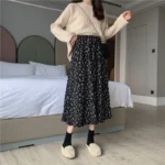 Vintage Floral Print A-line Pleated Long Skirts Summer Women 2023 Korean Skirt Streetwear Drawstring Elastic Waist Midi Skirt 4