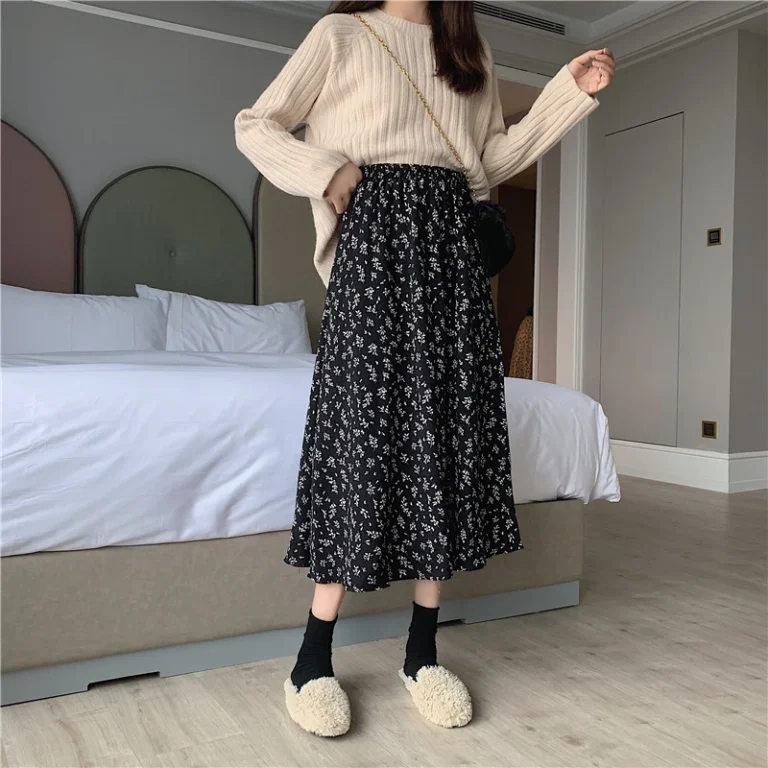Vintage Floral Print A-line Pleated Long Skirts Summer Women 2023 Korean Skirt Streetwear Drawstring Elastic Waist Midi Skirt 4