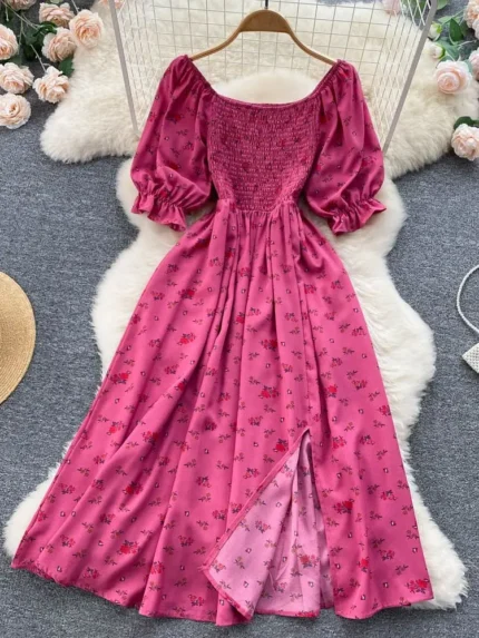 YuooMuoo Fast Shipping Women Dress Fashion Romantic Floral Print Split Long Summer Dress Puff Sleeve Party Korean Vestidos 1