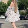 NewAsia Floral Dress Women Lantern Long Sleeve Ruched Print A Line Square Neck Tie up Mini Vestidos Sexy Chic Summer Beach Dress 2