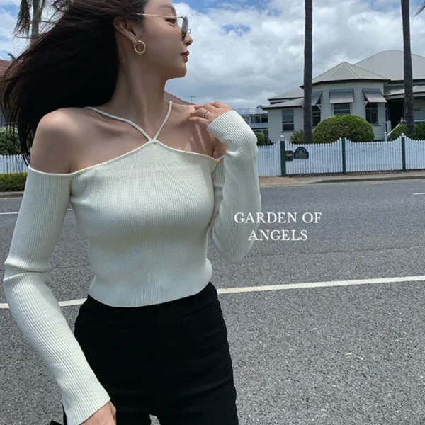 Sweater Mujer Sexy Off Shoulder Slim Knitted Sweaters White Black Women Pullovers Long Sleeve Top Pull Femme Vintage Knitwears 3
