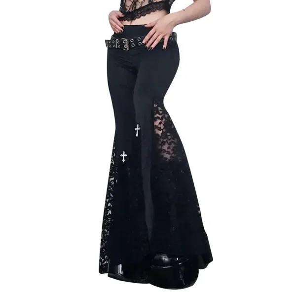 Halloween Cosplay Disco 70s 60s Theme Party Sexy Gothic Lace Flare Pants Lace Up Patchwork Slim Trousers Bandage Bellbottoms 2