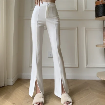 QOERLIN Micro-Flared Pants Women's High Waist Slim Casual Chic Wide Leg Split Trousers Elegant Black White Suits Pants