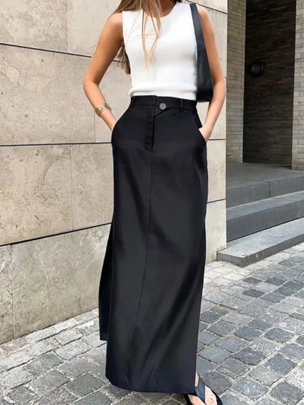 Taruxy Black Skirt Women Autumn Streetwear High Waisted Pencil Long Skirts Dress Femme Casual Split Vintage Silk Skirt 2023 1