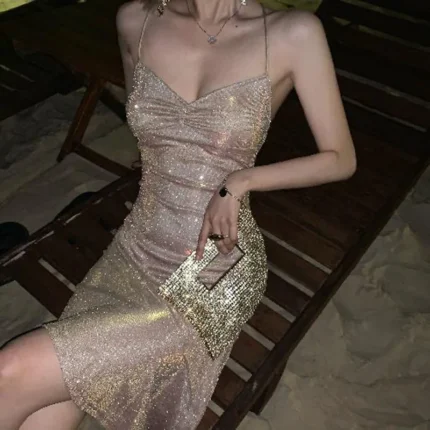 Hot 2021 Summer Gold Glitter Dress Women Bodycon Long Midi Dress Sleeveless Backless Party Outfits Sexy cLub Clothes YS9871 2