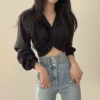 QWEEK Vintage Streetwear Harajuku Sexy Women Blouse Crop Top Korean Style Trends Black White Long Sleeve Shirt Female Tunic Chic 6