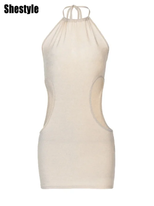 Shestyle Sparkle Halter Sexy Dress Women Sheath Hollow Out Nude Apricot Side Hole Sleeveless Backless Club Party Outitf Hot 6