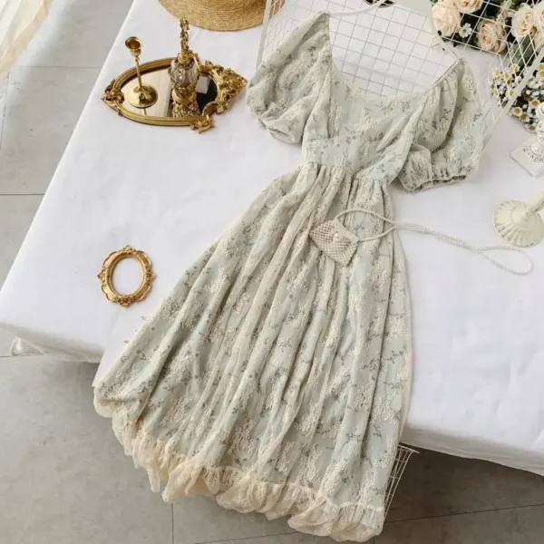 Summer Fairy Dress Women French Style Vintage Retro Chiffon Dress Puff Sleeve Casual Elegant Floral Print Dress Women 2024 New