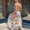 Sexy Print Halter Top Skirts Set Women Sleeveless Backless Tank Tops High Waist Split Skirt Set 2024 Summer Lady Beach Outfit 2