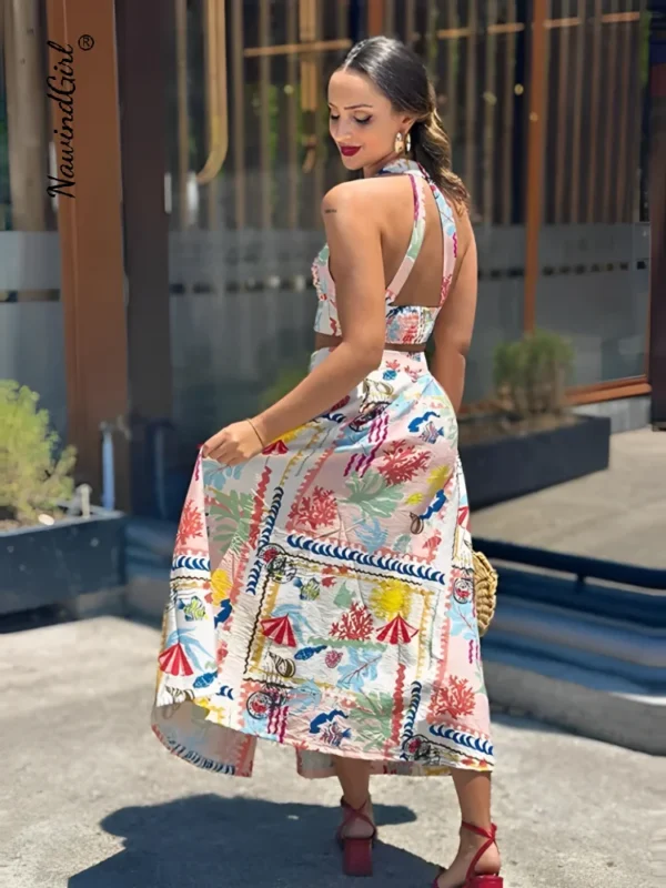 Sexy Print Halter Top Skirts Set Women Sleeveless Backless Tank Tops High Waist Split Skirt Set 2024 Summer Lady Beach Outfit 2