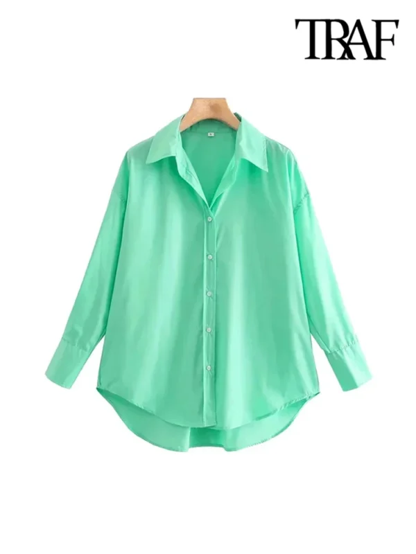 TRAF Women Fashion Office Wear Loose Poplin Solid Shirts Vintage Long Sleeve Button-up Casual Female Blouses Blusas Chic Tops 4