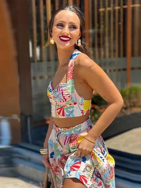 Sexy Print Halter Top Skirts Set Women Sleeveless Backless Tank Tops High Waist Split Skirt Set 2024 Summer Lady Beach Outfit 3