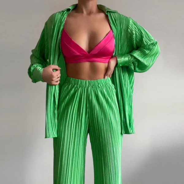 Elegant Women's Sets Clothing Spring Summer Long Sleeve Turn Down Collar Button Shirts Office Lady Pleated 2 Pieces Pants Sets 6